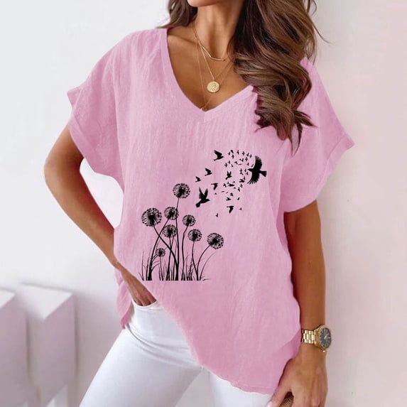 Linen Shirt Women Tunic Women's Summer Cotton Linen Floral Print Short Sleeve Tunic Tops Casual Plus Size Comfy V Neck Shirts Pink