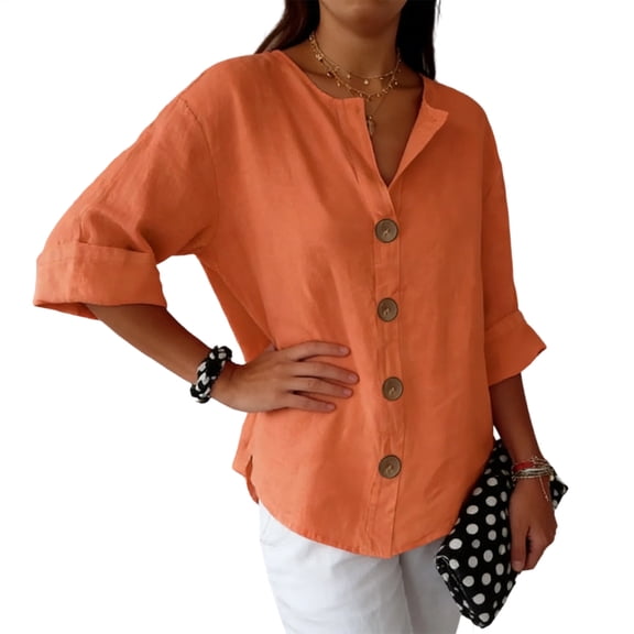 Linen Shirt Women V Neck 3/4 Sleeve Summer Casual Basic Tees Button Down Loose Blouses for Vacation Daily expert