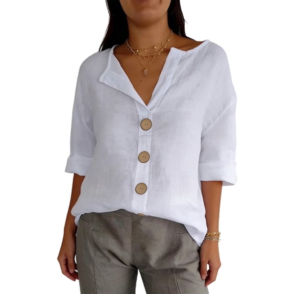 Linen Shirt Women V Neck 3/4 Sleeve Summer Casual Basic Tees Button Down Loose Blouses for Vacation Daily generous