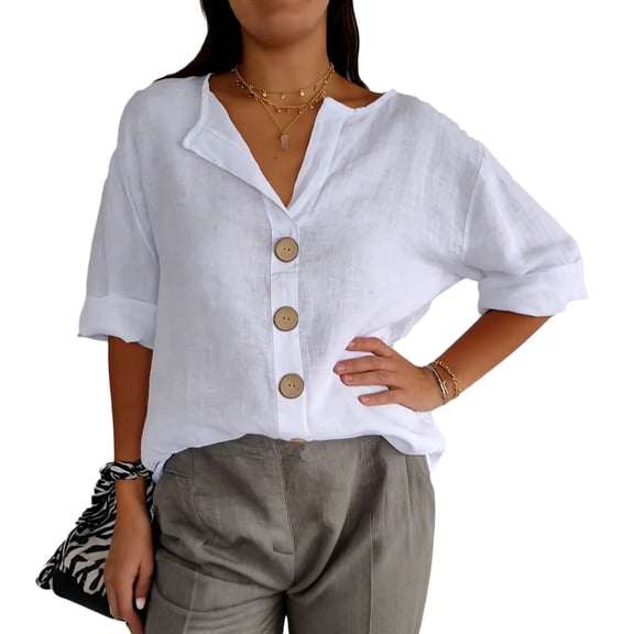 Linen Shirt Women V Neck 3/4 Sleeve Summer Casual Basic Tees Button Down Loose Blouses for Vacation Daily