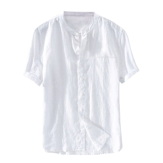Linen Shirt for Men Collarless Button Down Short Sleeve Shirts Cotton Beach Casual Summer Shirts