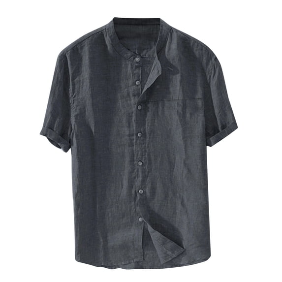 Linen Shirt for Men Collarless Button Down Short Sleeve Shirts Cotton Beach Casual Summer Shirts