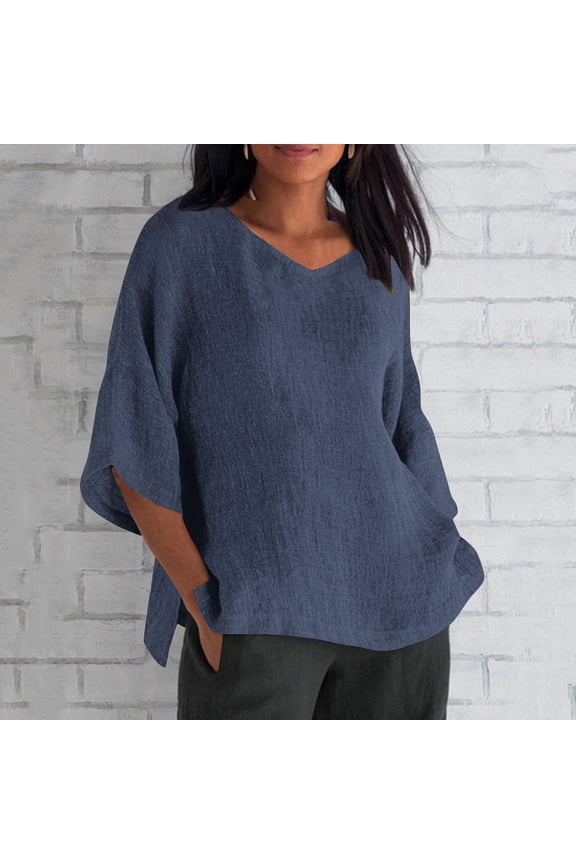Linen Shirt for Women Crew Neck 3/4 Sleeve Tunic Blouses Casual Loose Fall T-Shirt Tops for Ladies Navy S-5Xl