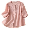 thumbnail image 1 of Linen Shirt for Women Embroidered Boho Floral V Neck Button Down Blouses 3/4 Sleeve Summer Loose Casual Tee Tops, 1 of 8