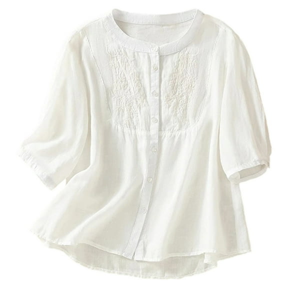 Linen Shirt for Women Embroidered Boho Floral V Neck Button Down Blouses 3/4 Sleeve Summer Loose Casual Tee Tops