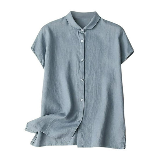 Linen Shirt for Women Short Sleeve Casual Loose Button down T-Shirt Lapel Neck Summer Beach Tops,Blue,3XL