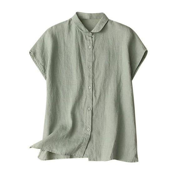 Linen Shirt for Women Short Sleeve Casual Loose Button down T-Shirt Lapel Neck Summer Beach Tops,Green,3XL
