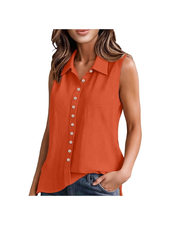 Linen Shirt for Women Sleeveless Collared Button-up Blouses Easter Casual Solid Color Summer Tops, Orange, L