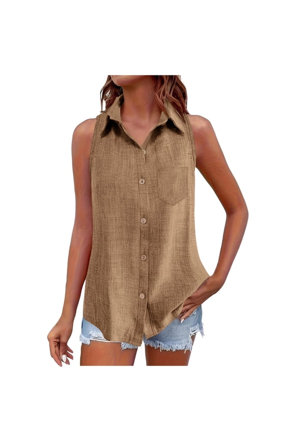 Linen Shirts Cotton Linen Shirts for Women Sleeveless Collared Tops Oversized Button Blouses Work Shirt Casual Summer Tshirt