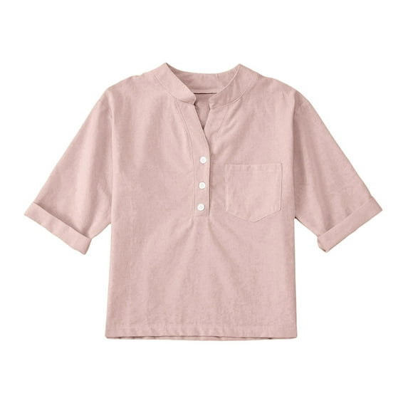Linen Shirts For Girl 3/4 Sleeve V Neck Blouses Buttons Loose Fit T Shirts Solid Color Summer Holiday Tops Long Shirt Kids Long Sleeve T Shirt