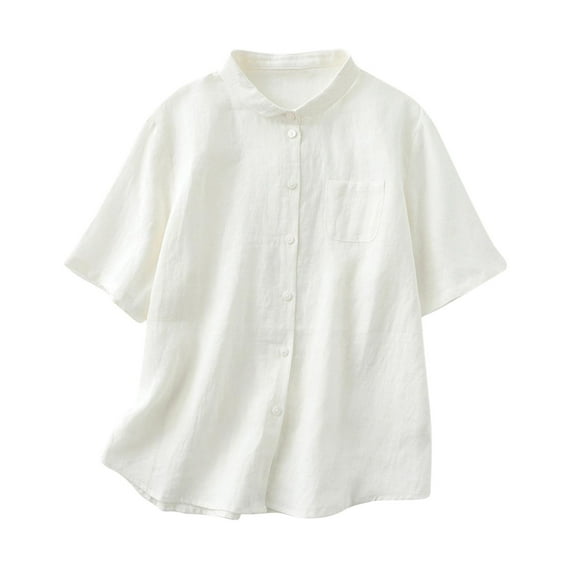 ZQUUVOU Linen Shirts For Women Casual Short Sleeves Turndown Collar Buttons Solid Color Blouse Loose White