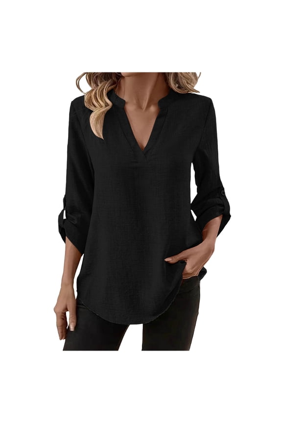 Linen Shirts For Women Sevevn Women's Casual V-Neck Roll-Tab Sleeve Blouse Loose Fit Solid Color Work Top Black XL