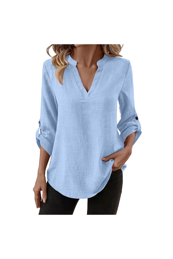 Linen Shirts For Women Sevevn Women's Casual V-Neck Roll-Tab Sleeve Blouse Loose Fit Solid Color Work Top Sky Blue XXL