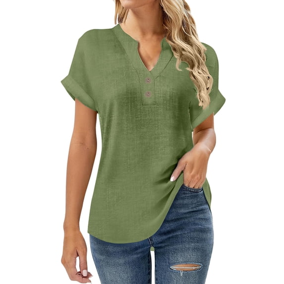 Linen Shirts For Women Sevevn Women's Short Sleeve V Neck Button Front Casual Blouse Top Army Green L