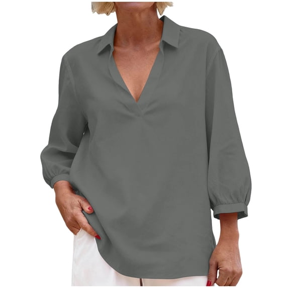 Linen Shirts For Women Sevevn Women's V Neck Collared Blouse 3/4 Sleeve Casual Top Dark Gray L