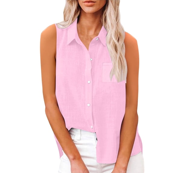 Linen Shirts For Women,Sleeveless Button Down Shirts Summer Tshirt Oversized Blouses Solid V Neck Classic Collared Tank Top Business Casual