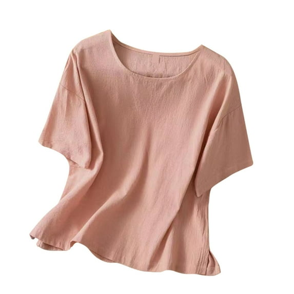 ZQUUVOU Linen Shirts For Women Solid Color Short Sleeve Tops Summer Casual Round Neck Pullover Tshirt Pink