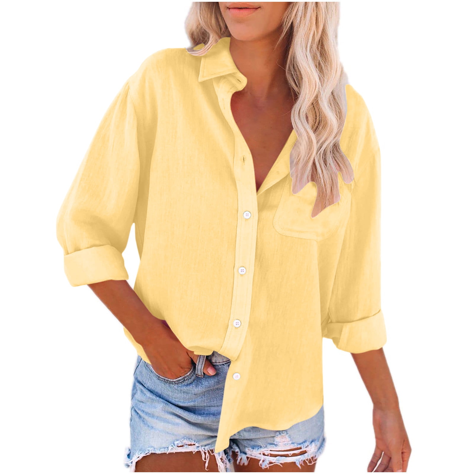 Linen Shirts For Women Summer Button Up,Women Button Down Shirts with ...
