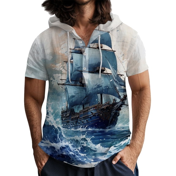 Linen Shirts Hoodie for Men Short Sleeve Beach Lightweight Graphic Shirt Hooded Sweatshirts Summer