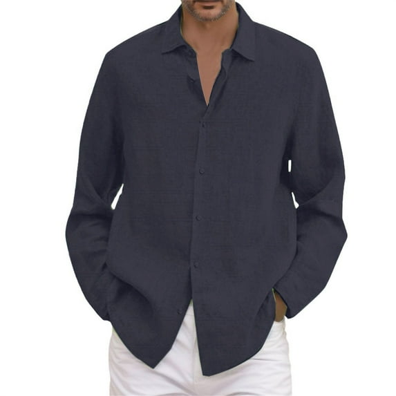 Linen Shirts Men Male Solid Casual Big And Tall Turn Down Long Sleeve Shirt Mens Casual Shirts Navy XXXL