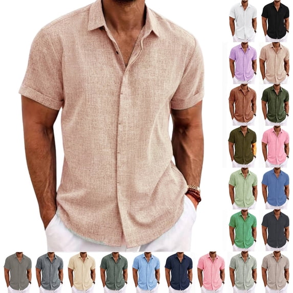 Linen Shirts Men Short Sleeve Button Down Dress Shirts Beach Summer Wedding Hawaiian Blouse Khaki 2XL