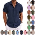 thumbnail image 1 of Linen Shirts Men Short Sleeve Button Down Dress Shirts Beach Summer Wedding Hawaiian Blouse Navy S, 1 of 4