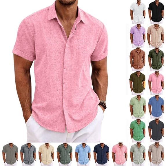 Linen Shirts Men Short Sleeve Button Down Dress Shirts Beach Summer Wedding Hawaiian Blouse Pink S