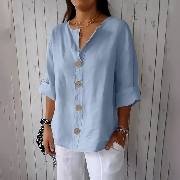 Linen Shirts for Women 2025 Summer Oversized Rolled Cuffed Button Down Blouse Casual Short Sleeve Solid Color Tops, Limited Time Under 10 Dollars