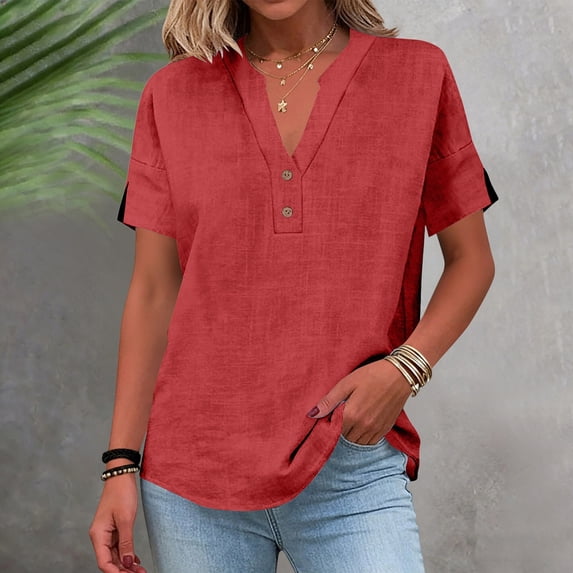 Linen Shirts for Women Basic Tops Gauze Shirts Shirts for Women Short Sleeve Peasant Shirts Button Tunic Blouse V Neck Loose Work Blouses Linen Blouses Summer Blouses Fashion Clothing Red 3XL