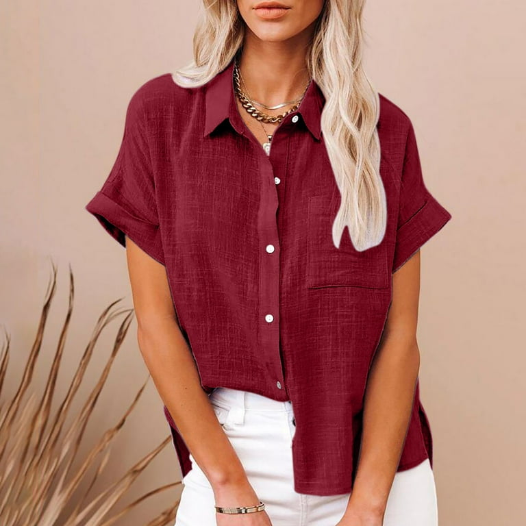 Linen Shirts for Women Blouses for Women Dressy Casual Linen Top with Pocket Summer Tops Lapel Womens Short Sleeve Button Down Shirts Womens Cotton Tops Walmart