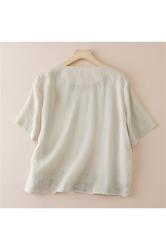 Linen Shirts for Women Bohemian Tops 3/4 Length Sleeve Shirts Fashion Clothes Retro Embroidered 3/4 Sleeve Boho Tops Summer Spring Blouses 3/4 Length Sleeve Womens Tops Summer Tshirts XL