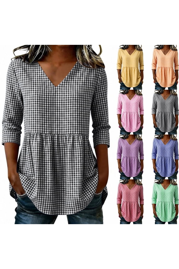 Linen Shirts Women Collarless Striped Smocked Tops Boho V-Neck 3/4 Sleeve Summer Casual Tunic Tops, M