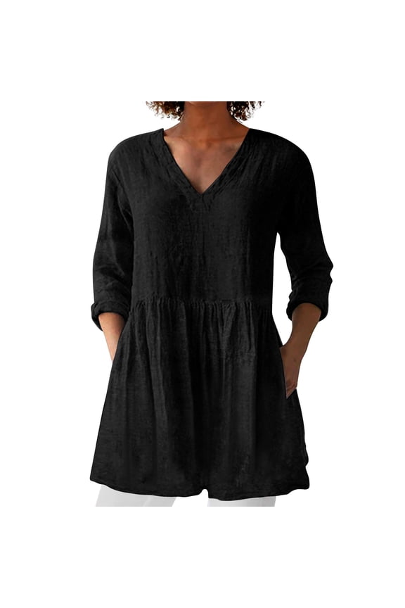 Linen Shirts For Women Cotton Boho Tops Beach Vacation Tshirts Boho Peasant Gauze Blouses V Neck Blouse Gauze Shirts Peasant Tops For Women Womens Gauze Tops Loose Fit Tee Shirt Women Black M