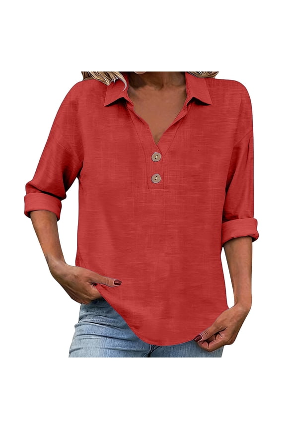 Linen Shirts for Women Cotton Dress Shirt Beach Work Linen Tops Oversized Shirt Solid Color Blouses V Neck Collared Blouses Boyfriend Blouse Henley Shirt Linen Button Down Shirts S