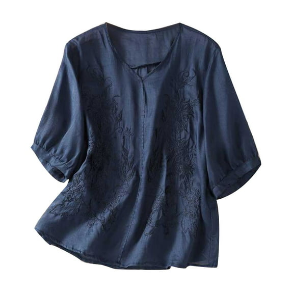 Linen Shirts Women Fashion Vintage Boho Embroidered Cotton Linen Tee Tops V Neck Summer 3/4 Sleeve Floral Print Shirts Casual Loose Peasant Blouses Top