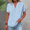 thumbnail image 1 of Linen Shirts for Women Linen Blouses Plus Size Summer Outfits Women's Tunics V Neck Summer Tops Button Tunic Blouse Short Sleeve Tee Shirts Womens Shirts for Women Summer Blouses Light Blue XXL, 1 of 9