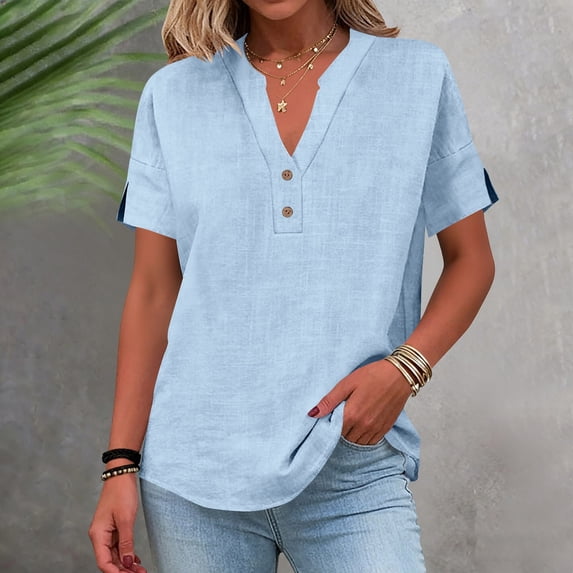 Linen Shirts for Women Linen Blouses Plus Size Summer Outfits Women's Tunics V Neck Summer Tops Button Tunic Blouse Short Sleeve Tee Shirts Womens Shirts for Women Summer Blouses Light Blue XXL