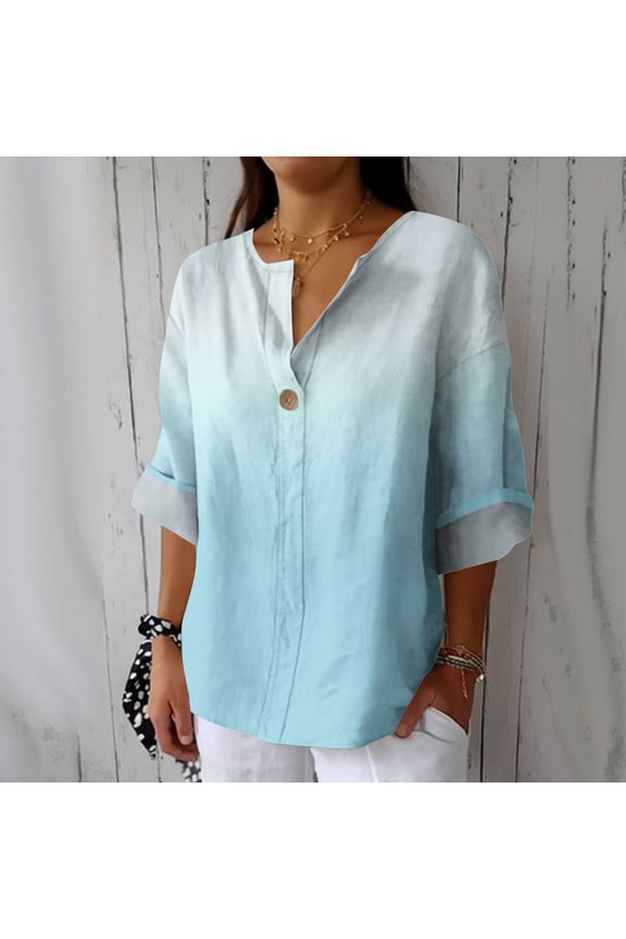 Linen Shirts for Women Long Sleeve Trendy V Neck T Shirts Plus Size Loose Tunic Fall Fashion Tops Summer Dressy Casual Woek Blouses Oversized Pull Over Gradient Graphic Tee Shirts Camisas Para Mujer