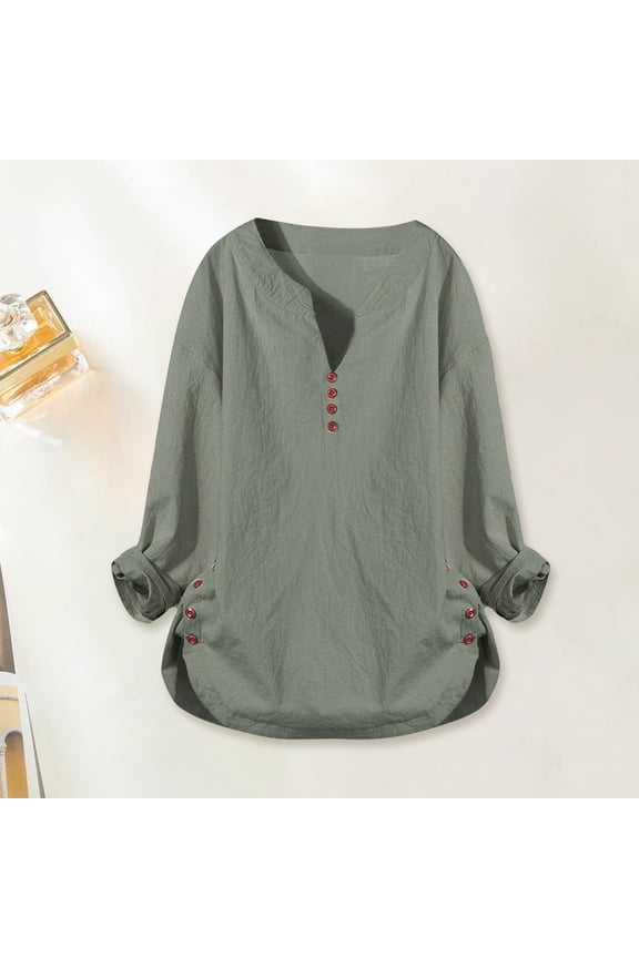 Linen Shirts for Women Long Sleeve V Neck Women's Linen Shirts Summer Linen Blouses for Women Linen Popover Shirt Women Office Light Commute Linen Blouse Ladies Gauze Tops,Green,L