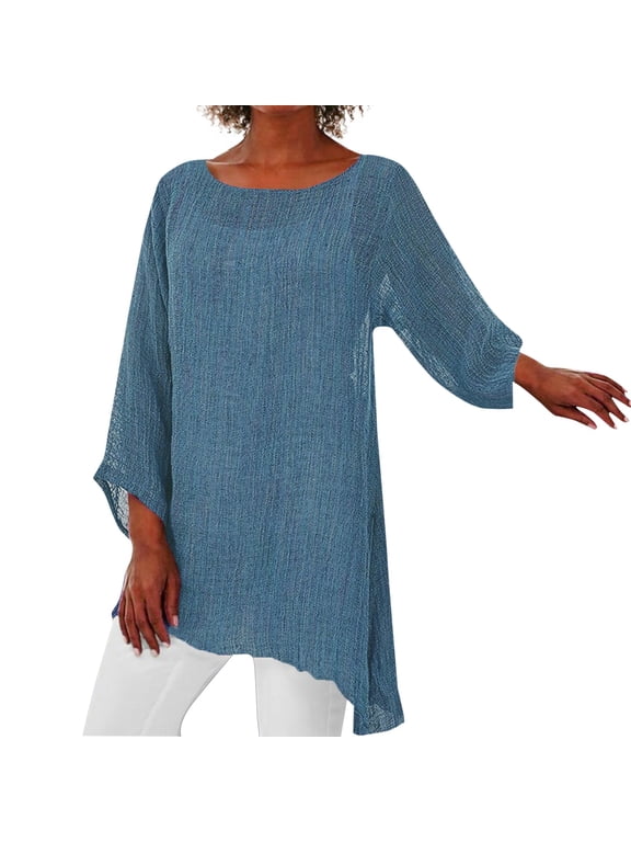 Linen Shirts for Women,Loose Fit 3/4 Length Sleeve Summer Tunic Tops,2026 Side Split Dressy Tees,Asymmetrical High-Low Hem,Plus Size Blouse,Irregular Hem Baggy Blouse Shirt Ladies Summer Blue M
