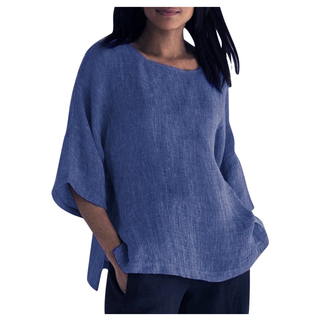 Linen Shirts for Women, Oversized Crew Neck 3/4 Sleeve Shirts for