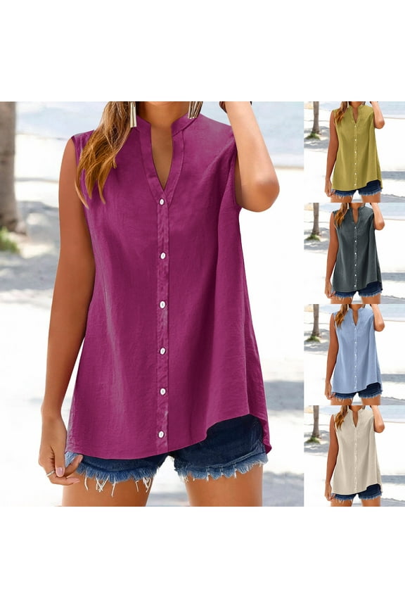 Linen Shirts for Women Plus Size Sleeveless Button Down T Shirt Oversized Dressy Casual Blouses Summer Fashion Tunic Tops Loose Vacation Beach Tee Shirt Liquidaciones De Track