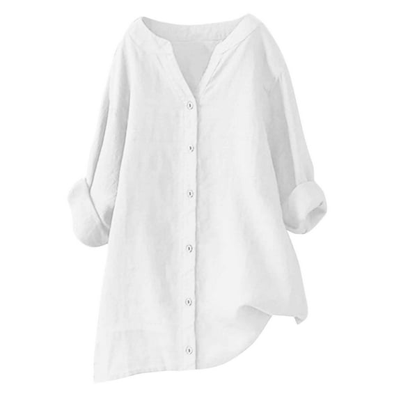 Linen Shirts for Women Plus Size,Summer Oversized T-Shirt Solid Color Cotton-Linen Blouse Roll Up Long Sleeve Blouses Casual Loose Button Down Tee Shirts
