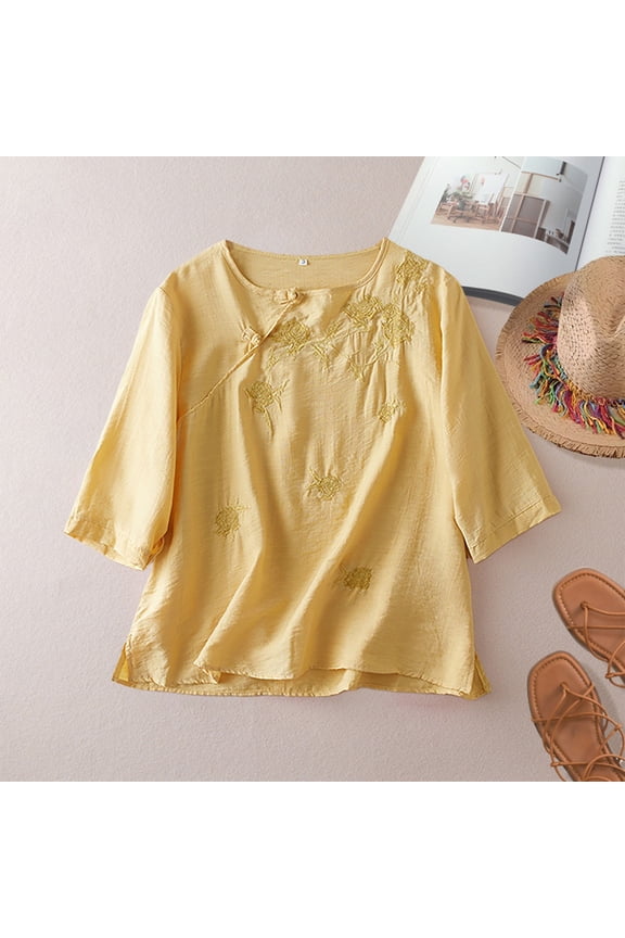 Linen Shirts for Women Retro Embroidered 3/4 Sleeve Boho Tops Cotton Linen Tops Loose Tunics Top 3/4 Length Sleeve Womens Tops Solid Color Pullover Shirts Elbow Sleeve Soft Floral Top L