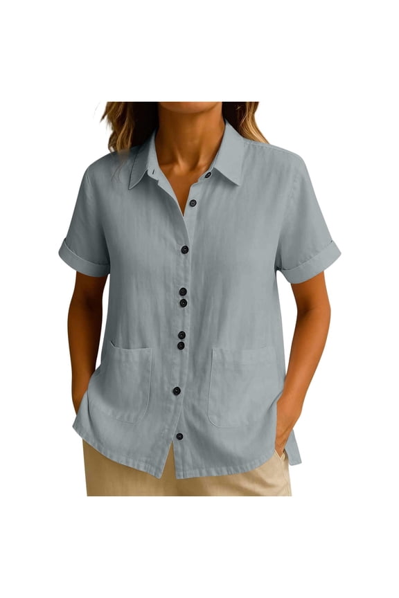 Linen Shirts for Women Roll Up Short Sleeve Blouses Lapel V Neck Button Down Shirt with Pockets Ladies Elegant Business Office Blouse Going Out Tops Loose Fit Tunic Top Solid Color Casual Smart Tops