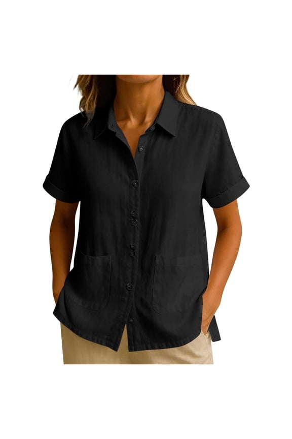 Linen Shirts for Women Roll Up Short Sleeve Blouses Lapel V Neck Button Down Shirt with Pockets Ladies Elegant Business Office Blouse Going Out Tops Loose Fit Tunic Top Solid Color Casual Smart Tops
