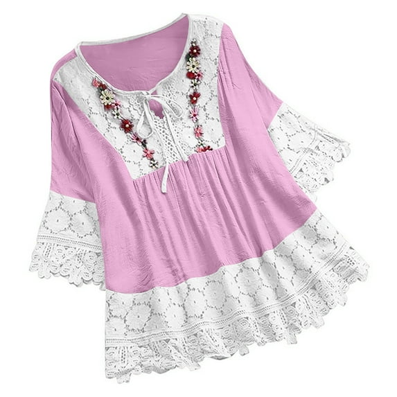 Linen Shirts for Women Summer Loose Thin Lace Patchwork Bow T-Shirts 3/4 Sleeve Vintage Cotton Linen Blouses Fashion Casual Womens Pullover Top Plus Size