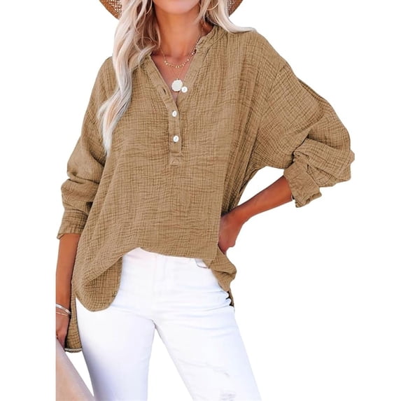 Linen Shirts for Women Summer Tops Casual Gauze Button Neck Long Sleeve Oversized Blouses Tops Lightweight Loose V Neck Pullover Shirts Earthy Yellow XL