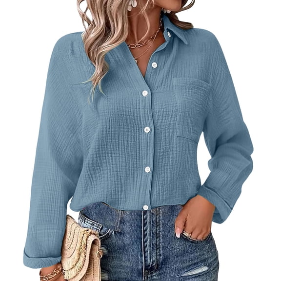 Linen Shirts For Women V Neck Button Down Blouse Long Sleeve Office Work Tops Vintage Vacation Shirt Blouse Tops WCJM Blue Tops Women Formal Shirts For Women