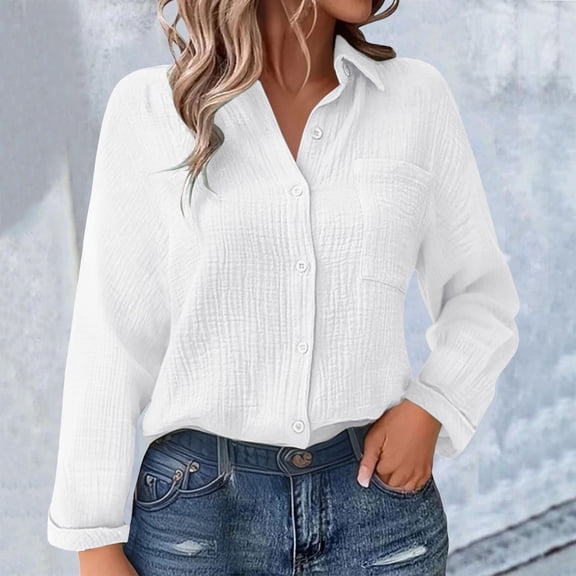 Linen Shirts For Women V Neck Button Down Blouse Long Sleeve Office Work Tops Vintage Vacation Shirt Blouse Tops WCJM White Blouse And Shirt 3/4 Sleeve
